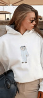Kadın Oversize Sweatshirt Hoodie Qatari Bear White Beyaz – Kapüşonlu, 3 İplik Polar, Kanguru Cepli