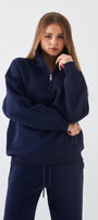 Unisex Oversize Sweatshirt Basic Lacivert – Yarım Fermuar Dik Yaka, 3 İplik Şardonlu Polar