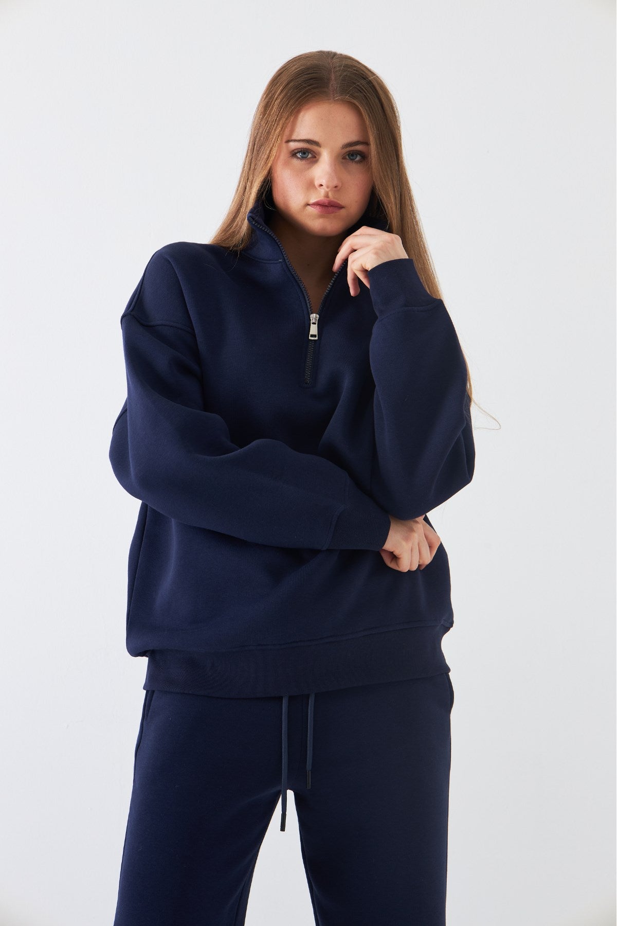 Unisex Oversize Sweatshirt Basic Lacivert – Yarım Fermuar Dik Yaka, 3 İplik Şardonlu Polar