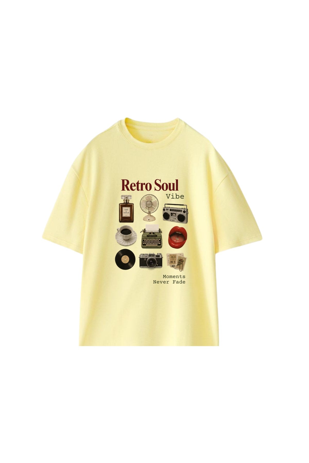 Kadın Oversize Tişört Retro Soul Vibe Baskılı Sarı – Bisiklet Yaka, Rahat Kalıp, %100 Pamuk