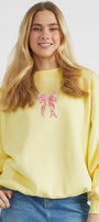 Kadın Oversize Sweatshirt Pembe Kurdele Baskılı Sarı – Bisiklet Yaka, 3 İplik Şardonlu Polar