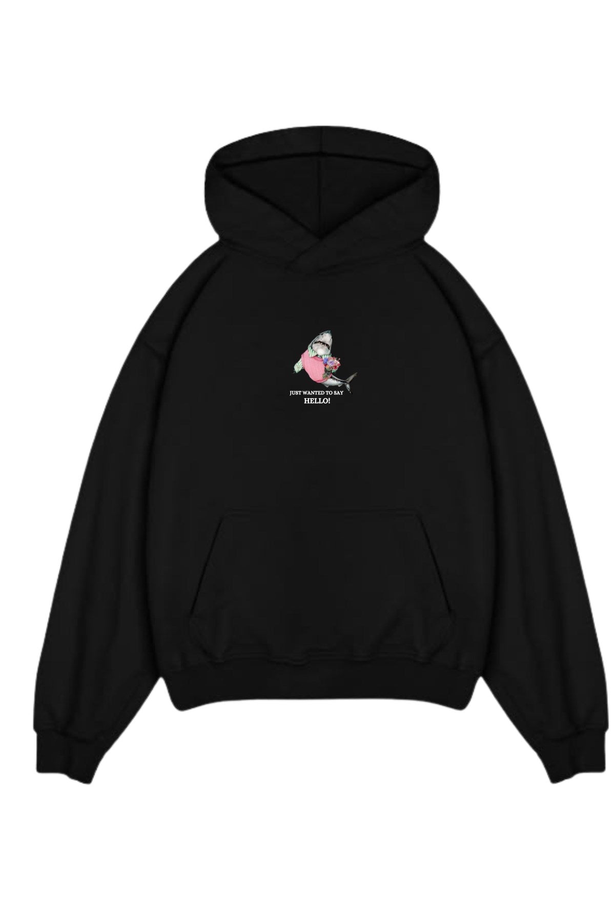 Erkek Oversize Sweatshirt Hoodie Shark Hello Siyah – Kapüşonlu, 3 İplik Polar, Kanguru Cepli