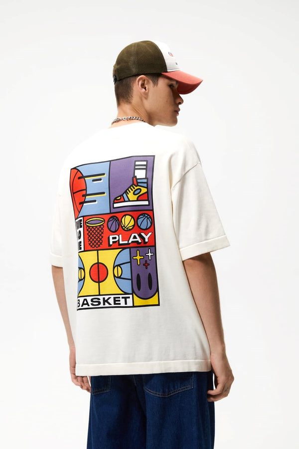 We Love Play Basket Yazılı  Basket Tasarım Baskılı Oversize Beyaz Erkek T-shirt