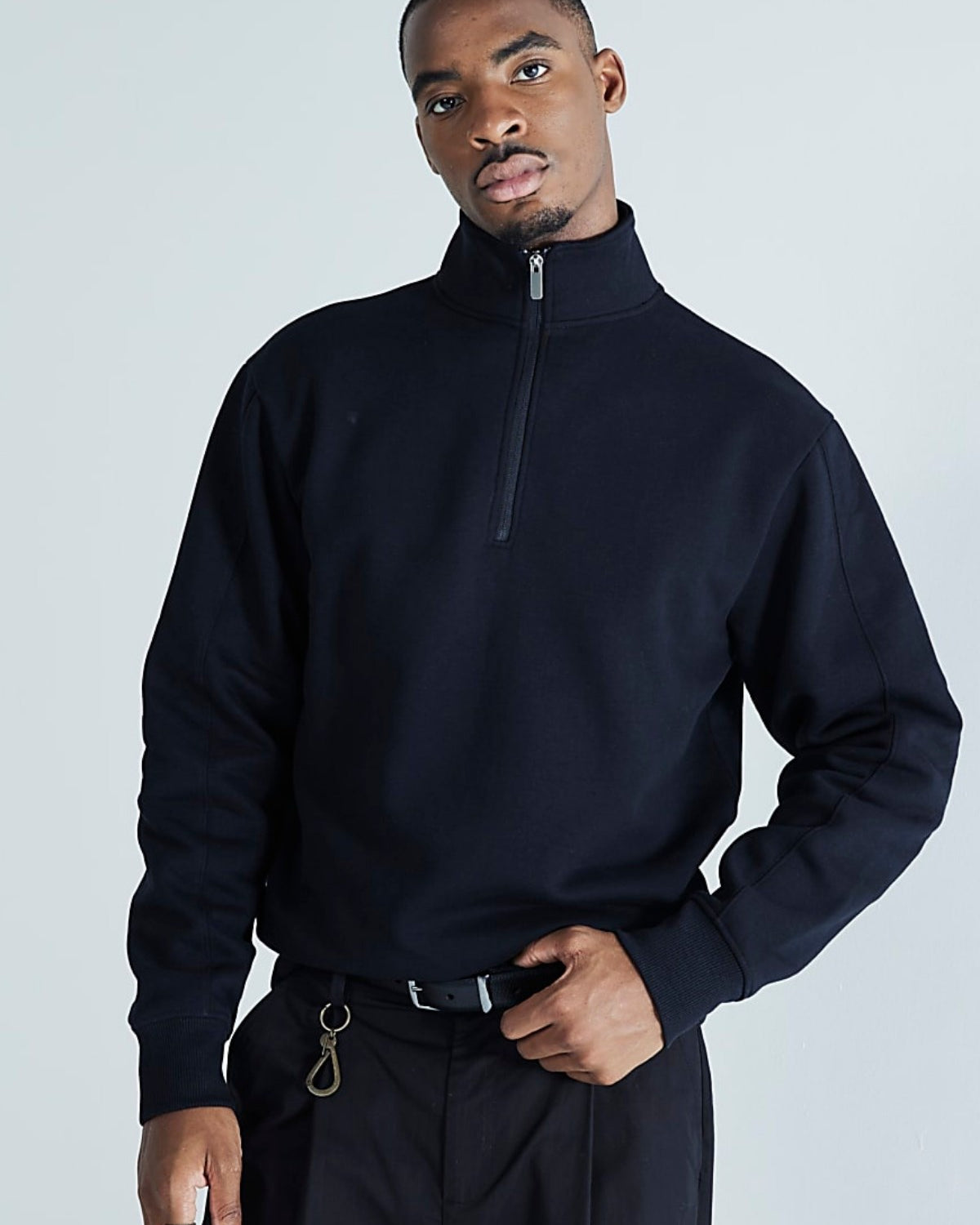 Erkek Lacivert Yarım Fermuarlı Sweatshirt 3 İplik Şardonlu Oversize Kesim