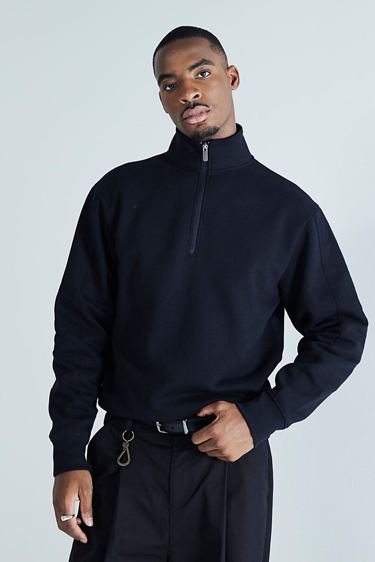 Erkek Lacivert Yarım Fermuarlı Sweatshirt 3 İplik Şardonlu Oversize Kesim