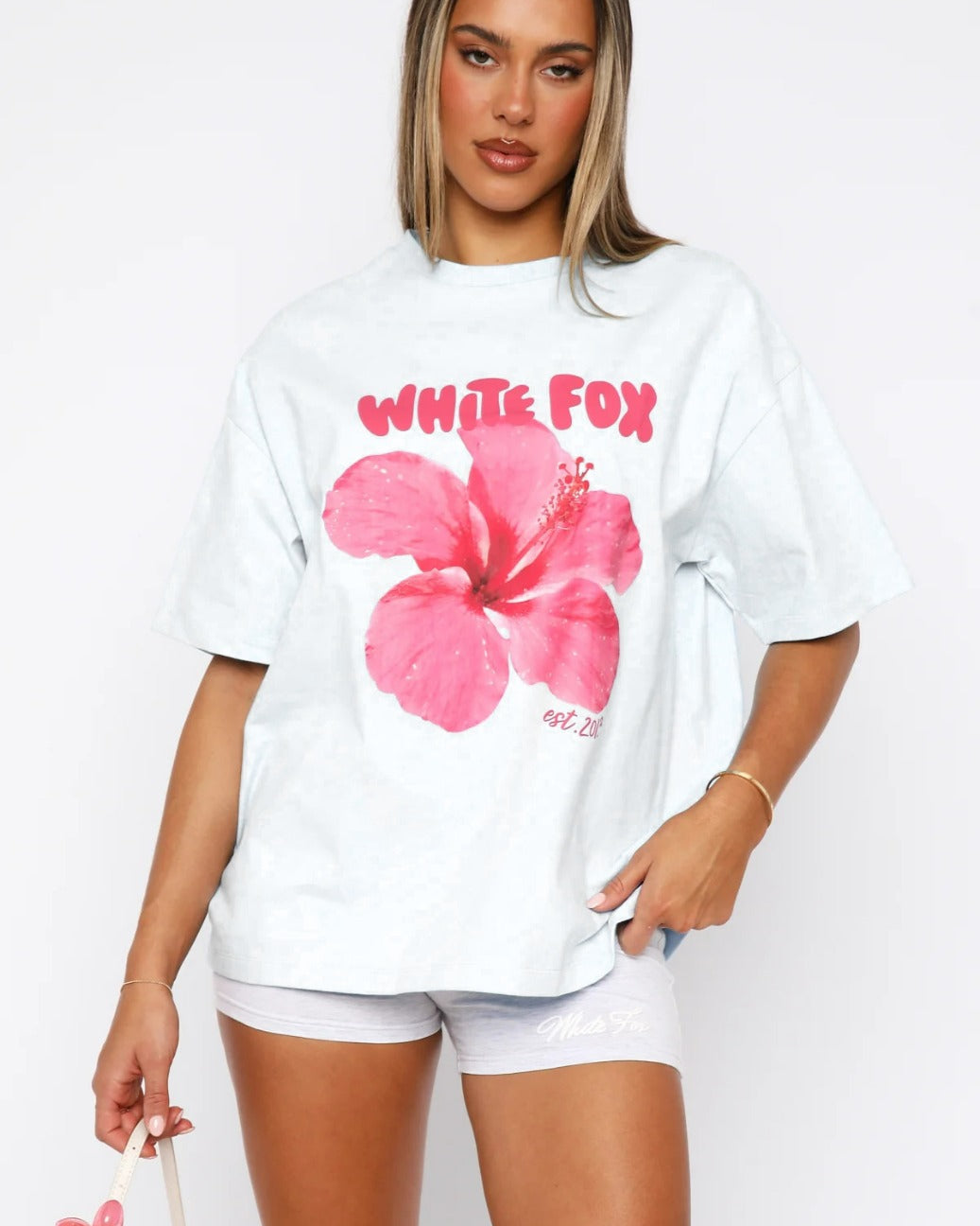 Hibiscus Çiçek Baskılı White Fox Kadın Tişört Günlük Rahat Kesim
