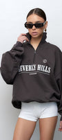 Kadın Füme Beverly Hills CHAMP Baskılı Fermuarlı Yarım Balıkçı Yaka Oversize Sweatshirt – Spor ve Günlük Şık Üst