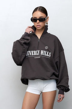 Kadın Füme Beverly Hills CHAMP Baskılı Fermuarlı Yarım Balıkçı Yaka Oversize Sweatshirt – Spor ve Günlük Şık Üst