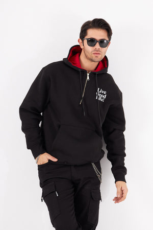 Arka Baskı Detaylı Live Good Life Yazılı Kapüşonlu Bağcıklı Fermuar Kapamalı Oversize Sweatshirt