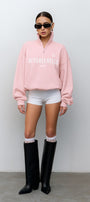 Kadın Pembe Beverly Hills Yazılı Yarım Fermuarlı Oversize Sweatshirt – Şık Spor Yarım Balıkçı Yaka
