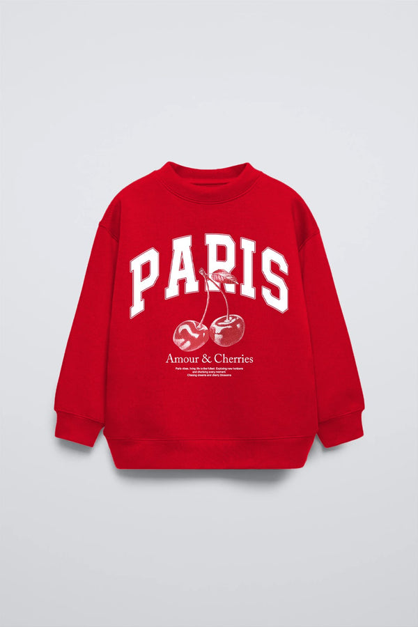 Kırmızı Bisiklet Yaka Paris Yazılı Cherries Baskılı Oversize Çocuk Sweatshirt