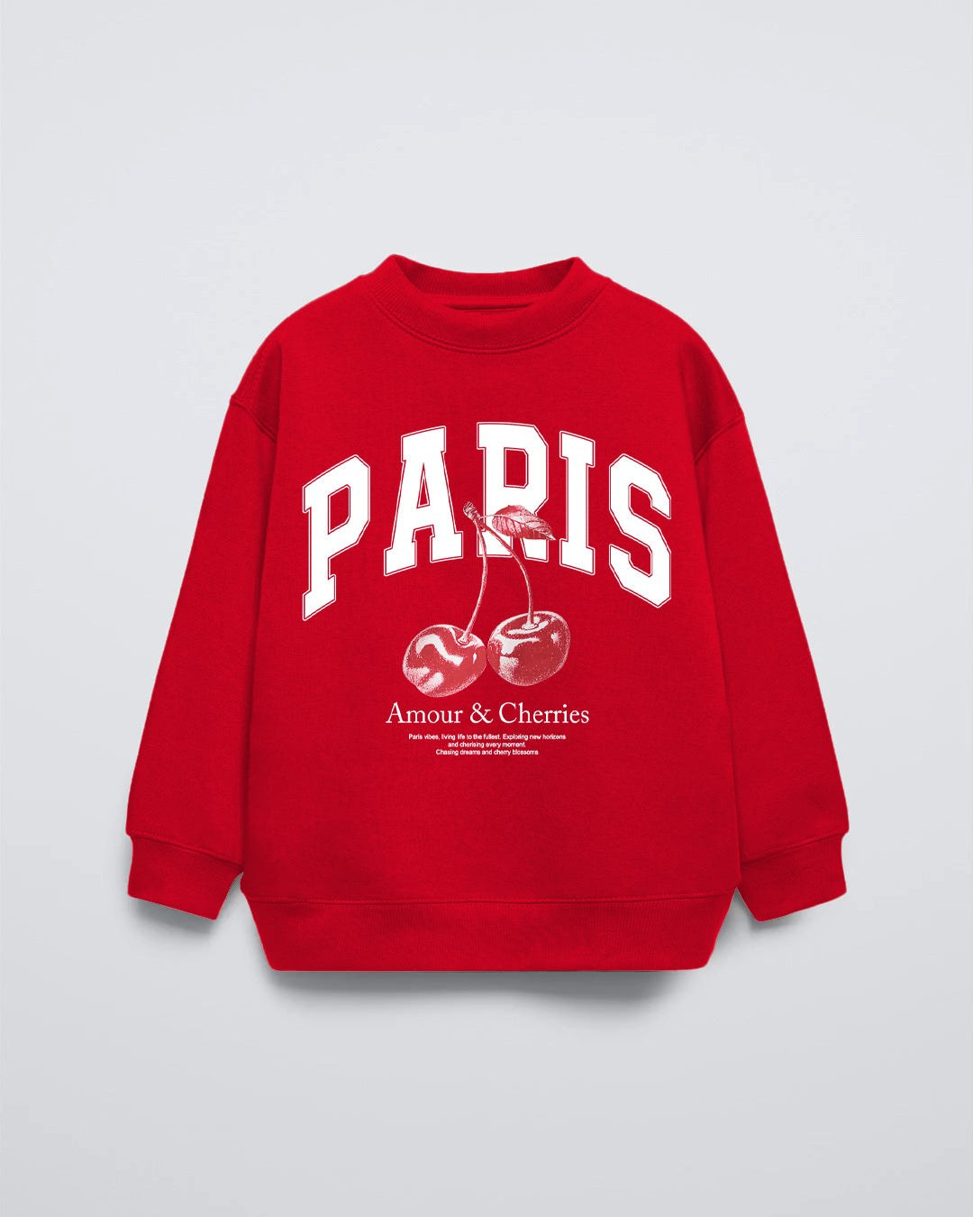 Kırmızı Bisiklet Yaka Paris Yazılı Cherries Baskılı Oversize Çocuk Sweatshirt