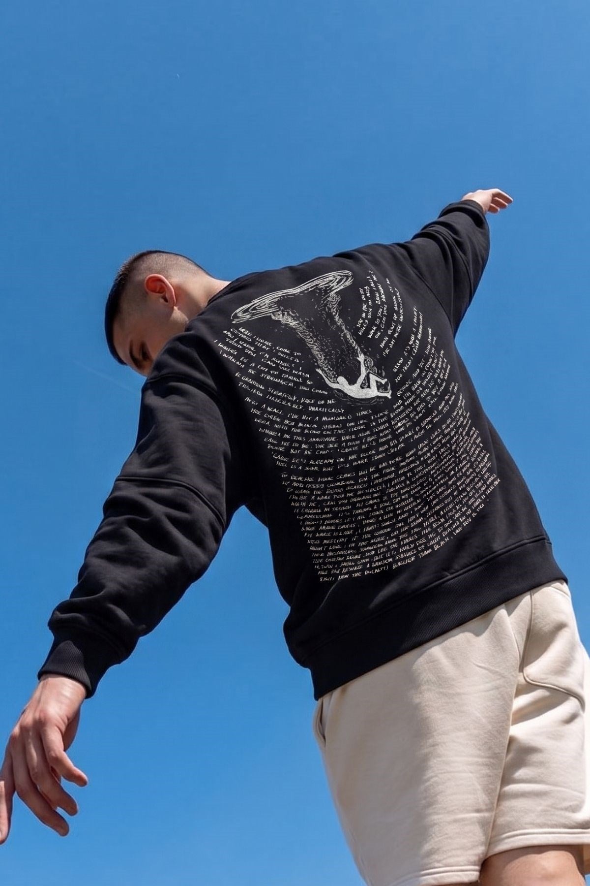 Erkek Oversize Sweatshirt Abyss Baskılı Siyah – Bisiklet Yaka, 3 İplik Şardonlu Polar