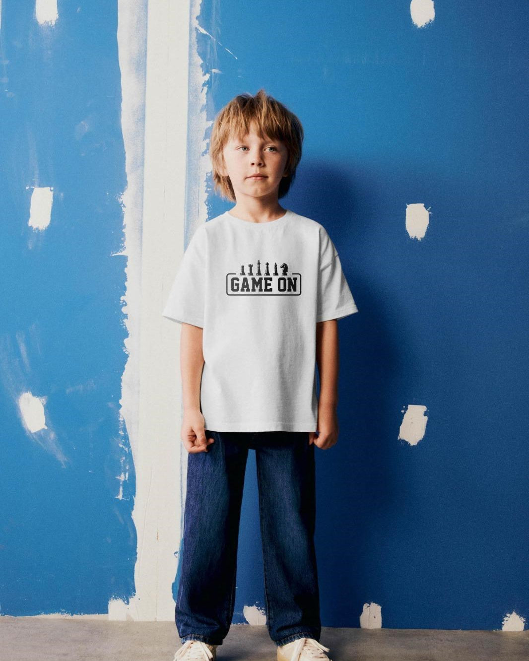 Game On Yazılı Satranç Tasarım Baskılı Beyaz Çocuk T-Shirt