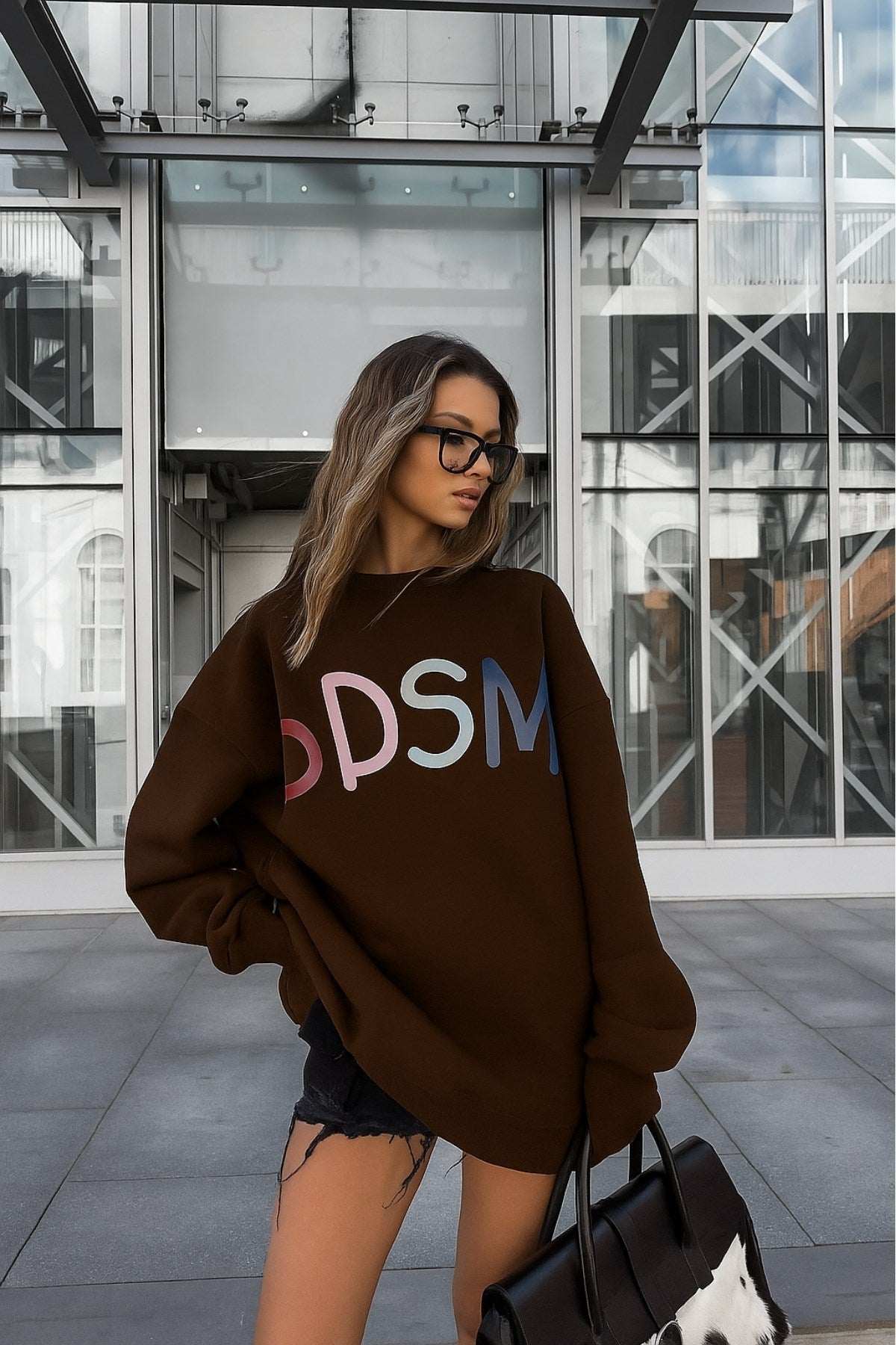 Kadın Oversize Sweatshirt Elbise Color Pop Baskılı Kahverengi – Bisiklet Yaka,3 İplik Şardonlu Polar