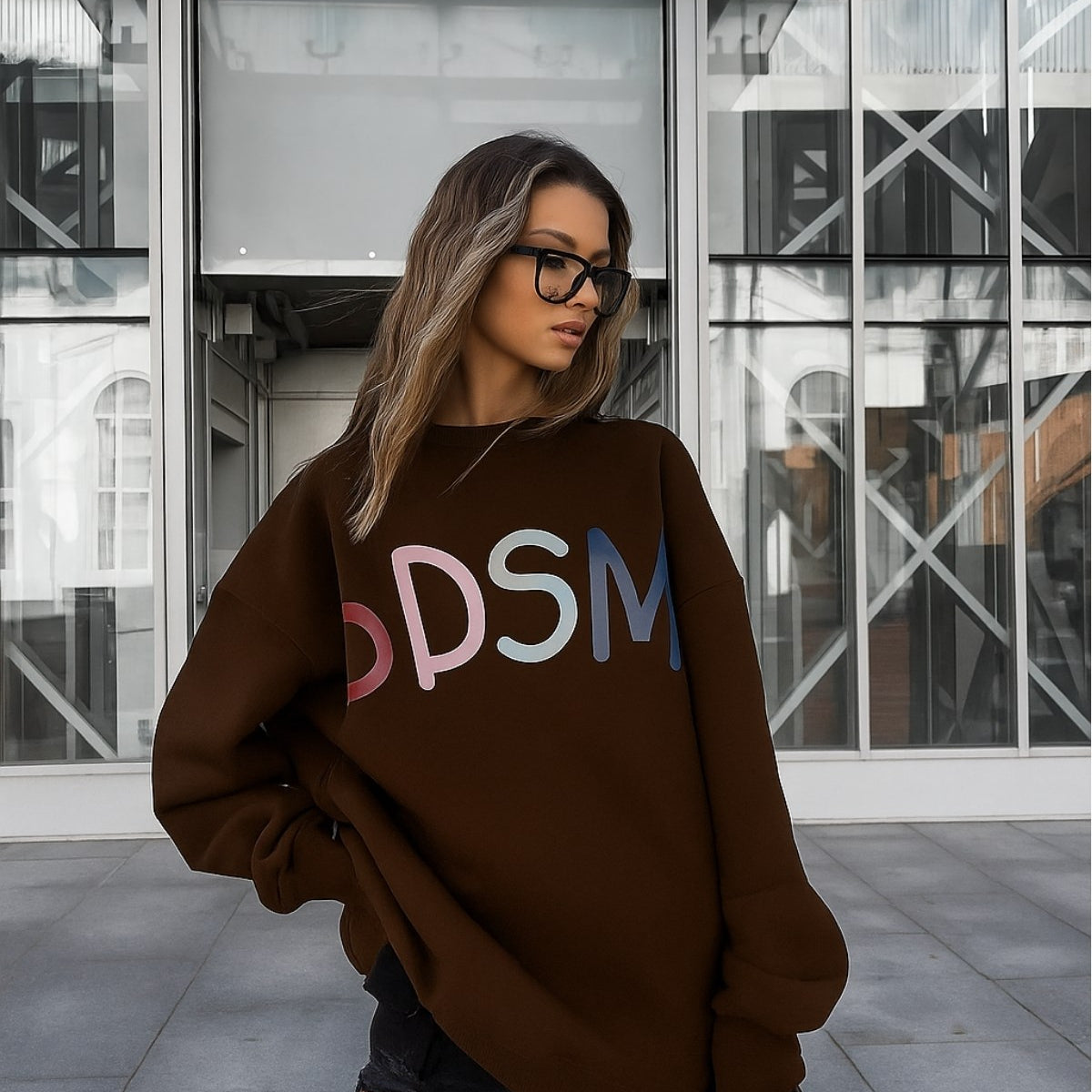 Kadın Oversize Sweatshirt Elbise Color Pop Baskılı Kahverengi – Bisiklet Yaka,3 İplik Şardonlu Polar