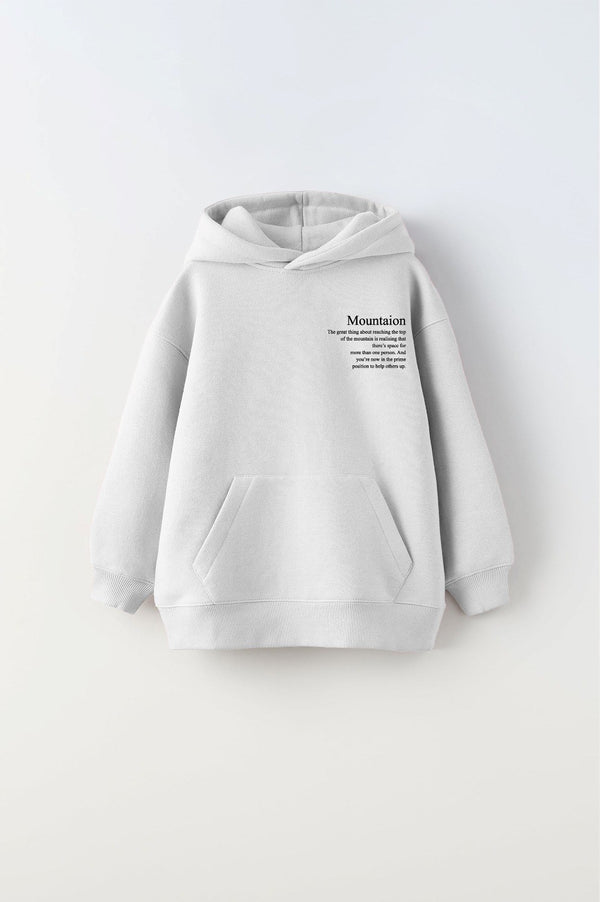 Beyaz Kapüşonlu İçi Polar Dağ Baskılı Unisex Çocuk Sweatshirt