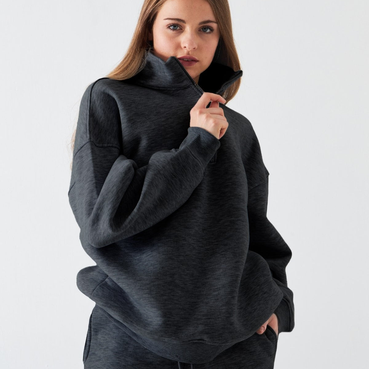 Unisex Oversize Sweatshirt Basic Füme Melanj – Yarım Fermuar Dik Yaka, 3 İplik Şardonlu Polar