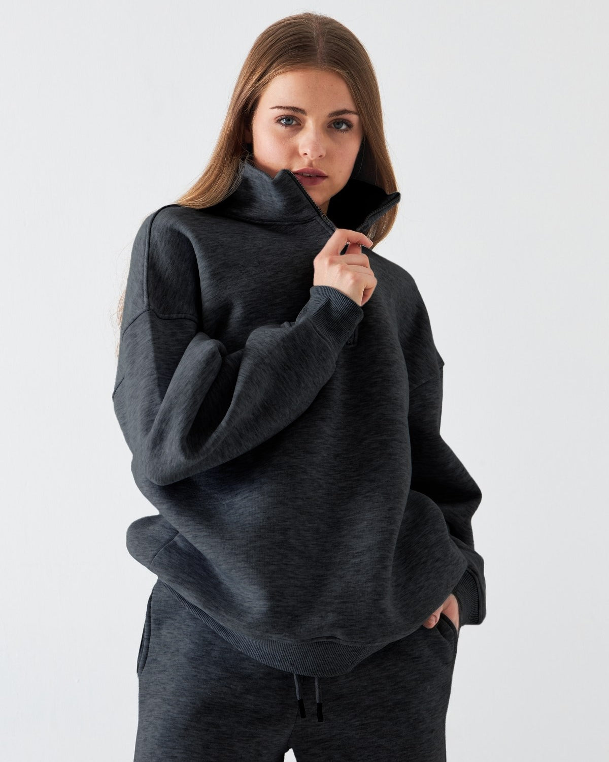 Unisex Oversize Sweatshirt Basic Füme Melanj – Yarım Fermuar Dik Yaka, 3 İplik Şardonlu Polar