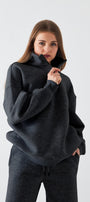 Unisex Oversize Sweatshirt Basic Füme Melanj – Yarım Fermuar Dik Yaka, 3 İplik Şardonlu Polar