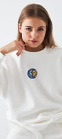 Kadın Oversize Sweatshirt Sun & Moon Baskılı Beyaz – Bisiklet Yaka, 3 İplik Şardonlu Polar