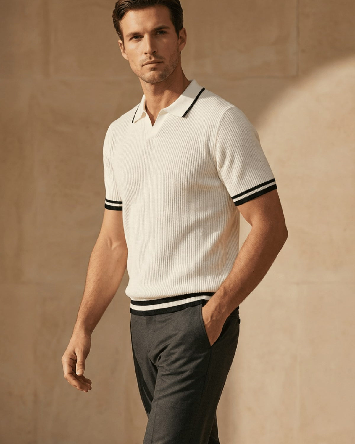 Erkek Fitilli Triko Polo Yaka Tişört Beyaz - Polo Çizgili Yaka, Fit, Yazlık, Örme