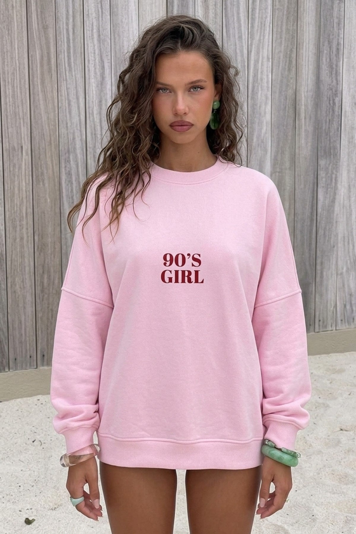 Kadın Oversize Sweatshirt 90’s Girl Baskılı Pembe – Bisiklet Yaka, 3 İplik Şardonlu Polar