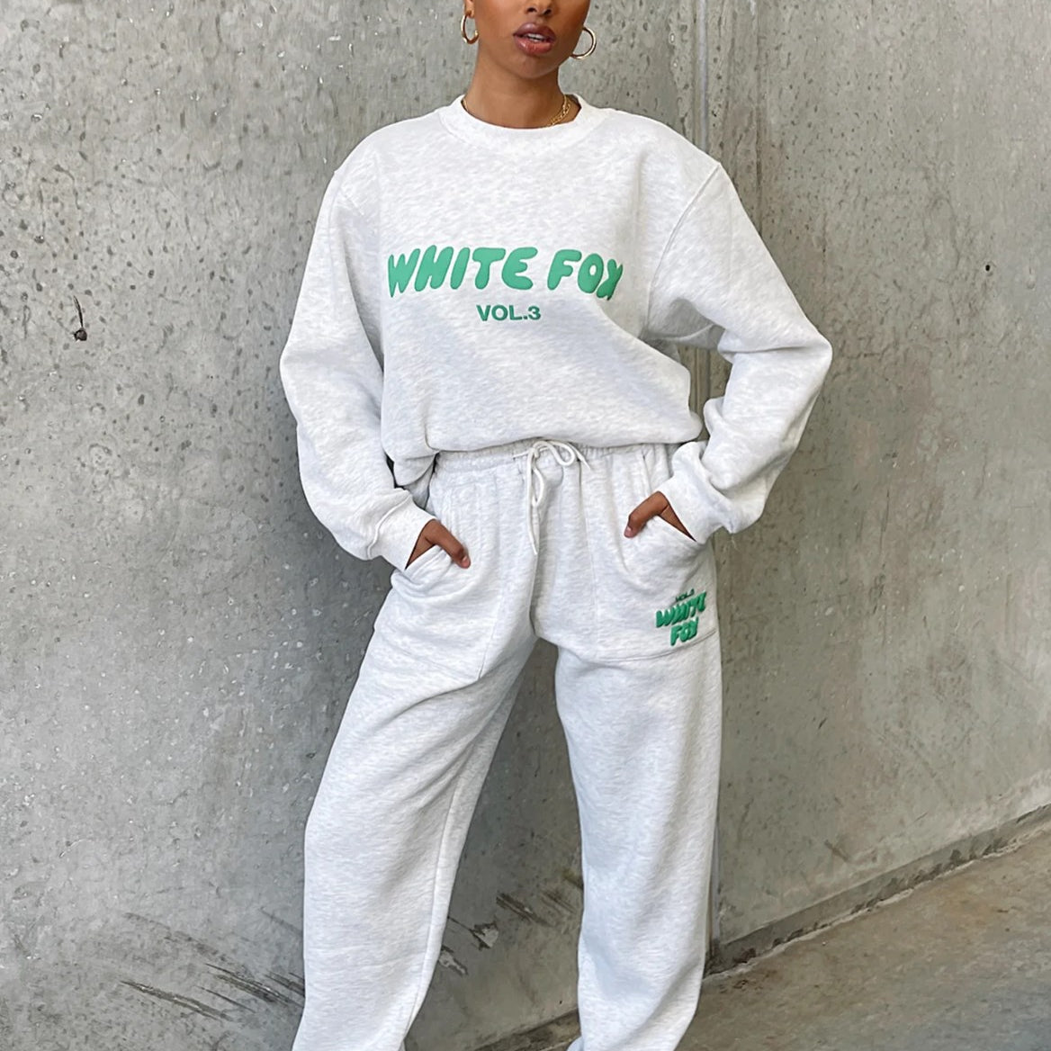 White Fox Kadın Kar Melanj Bel Lastikli Cepli Vol 3 Baskılı Paça Lastikli Eşofman Alt