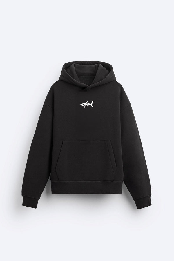 Kapüşonlu İçi Polar Shark Baskılı Siyah Oversize Hoodie Sweatshirt