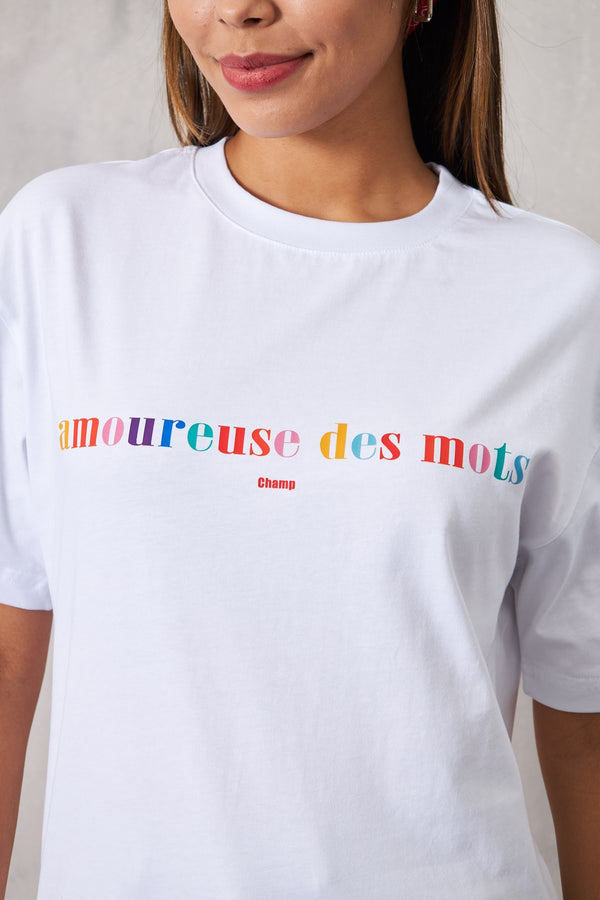 Amoureuse Des Mots Champ Yazılı Beyaz T-Shirt