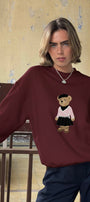 Kadın Oversize Sweatshirt Ballerina Bear Baskılı Bordo – Bisiklet Yaka, 3 İplik Şardonlu Polar