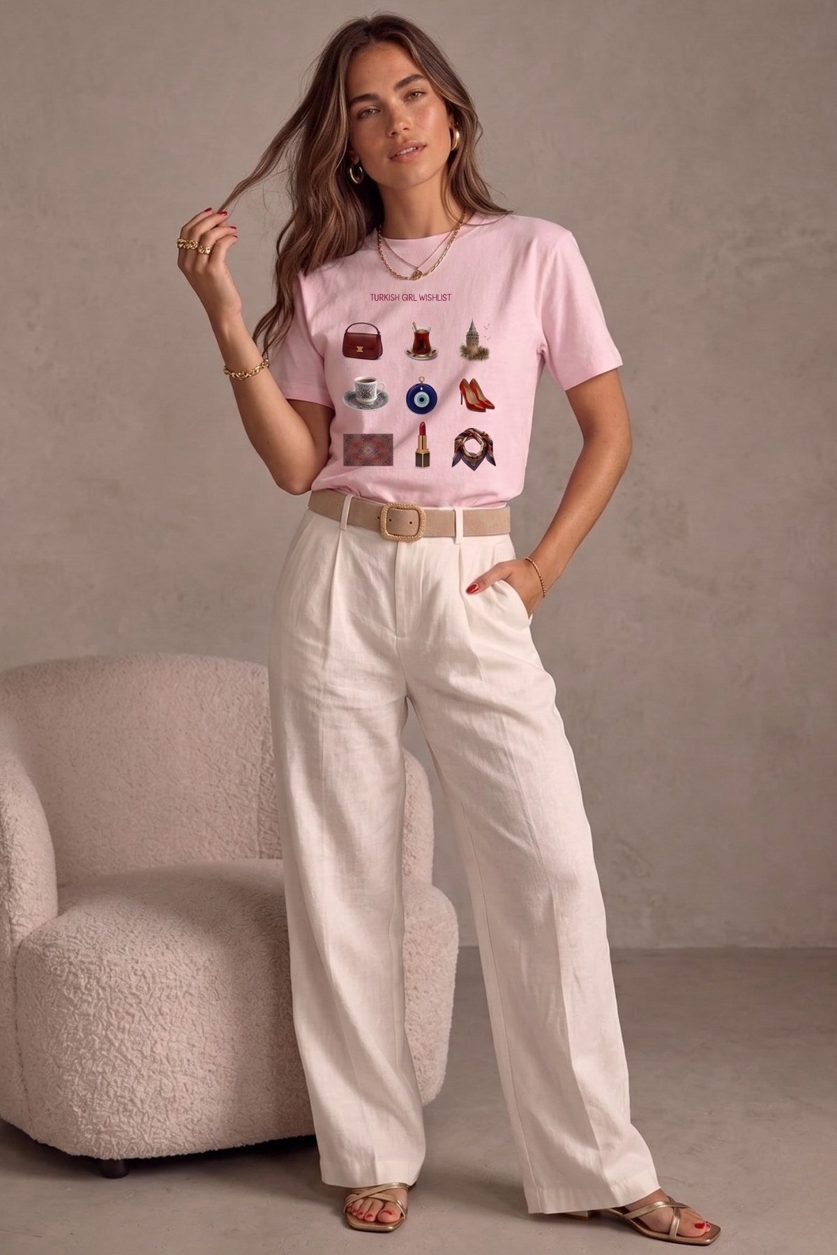 Kadın Oversize Tişört Turkish Girl Wishlist Baskılı Pembe – Bisiklet Yaka, Rahat Kalıp, %100 Pamuk