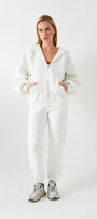 Kadın Oversize Eşofman Takımı Kordonlu Beyaz – Fermuarlı, Kapüşonlu, Lastikli Paça, 3 İplik Polar