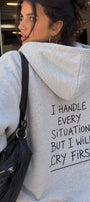Kadın Oversize Hoodie Cry First Baskılı Gri Melanj – Kapüşonlu, Kanguru Cepli, Düşük Omuz