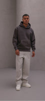 Erkek Oversize Sweatshirt Hoodie CHMP Yazlı Baskılı Füme – Kapüşonlu, 3 İplik Polar, Kanguru Cepli