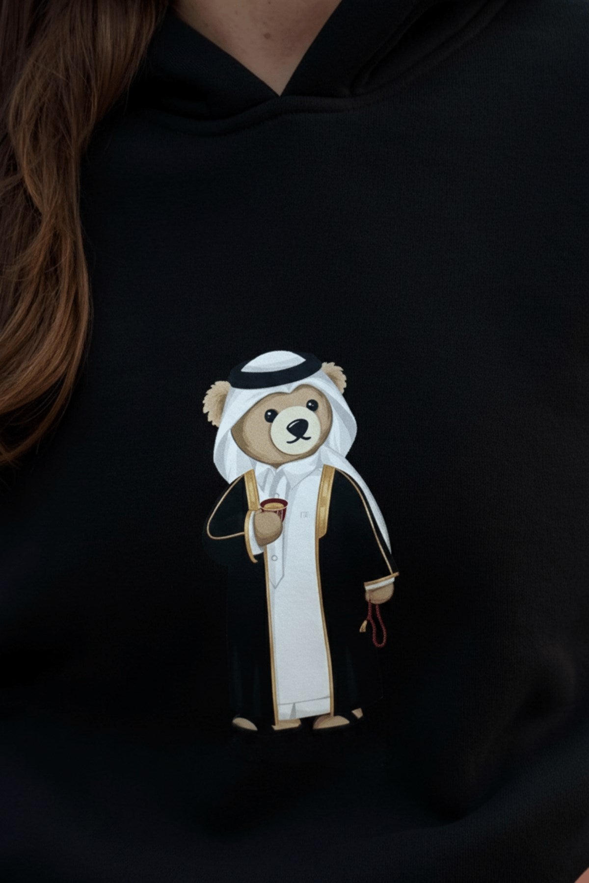 Erkek Oversize Sweatshirt Hoodie Qatari Bear Black Siyah – Kapüşonlu, 3 İplik Polar, Kanguru Cepli