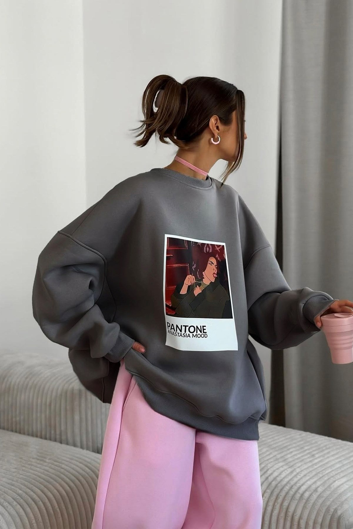 Kadın Oversize Sweat Elbise Füme – 3 İplik Şardonlu , Bisiklet Yaka, Pantone - prenses baskılı