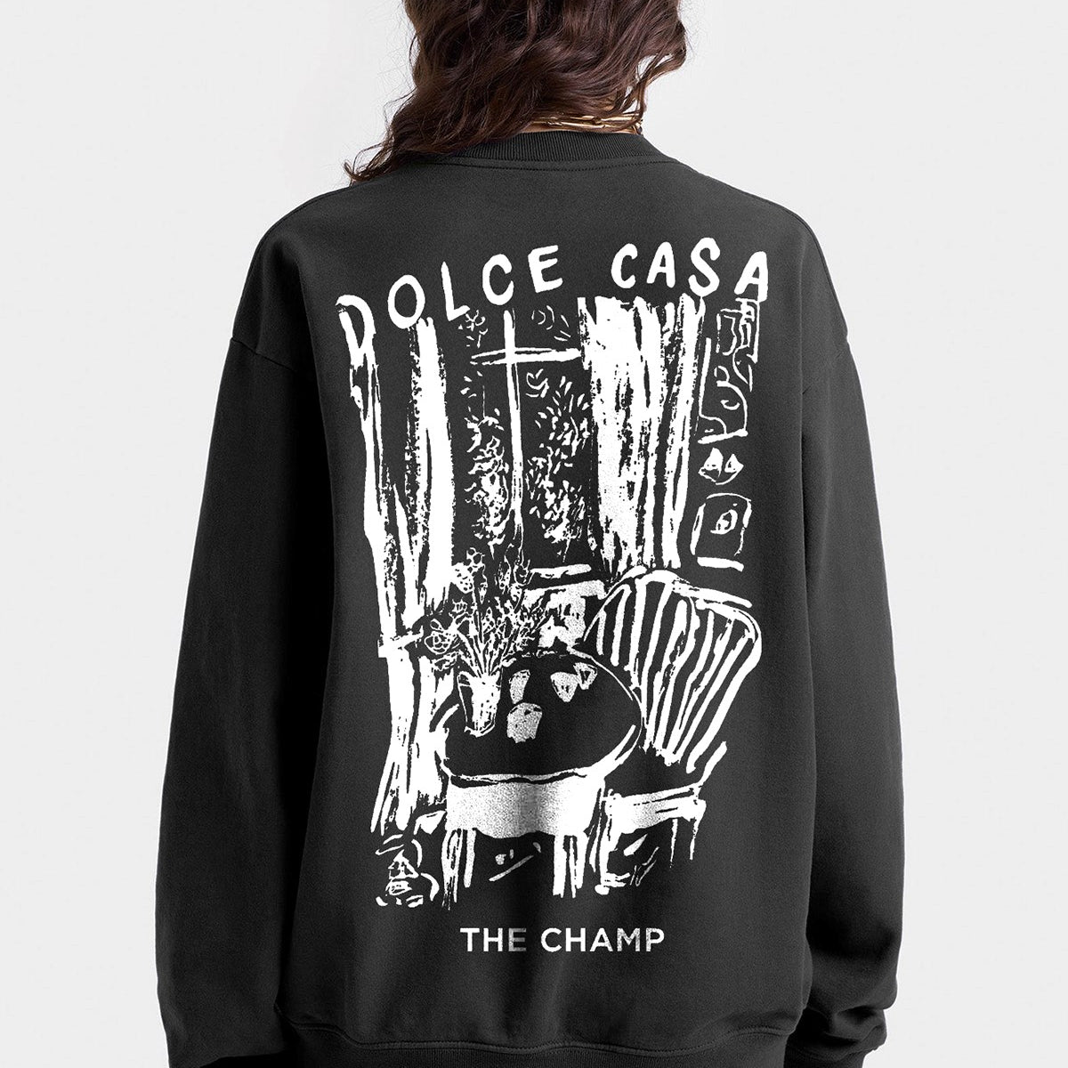 Kadın Oversize Sweatshirt Dolce Casa Baskılı Füme Konsept – Bisiklet Yaka, 3 İplik Şardonlu Polar