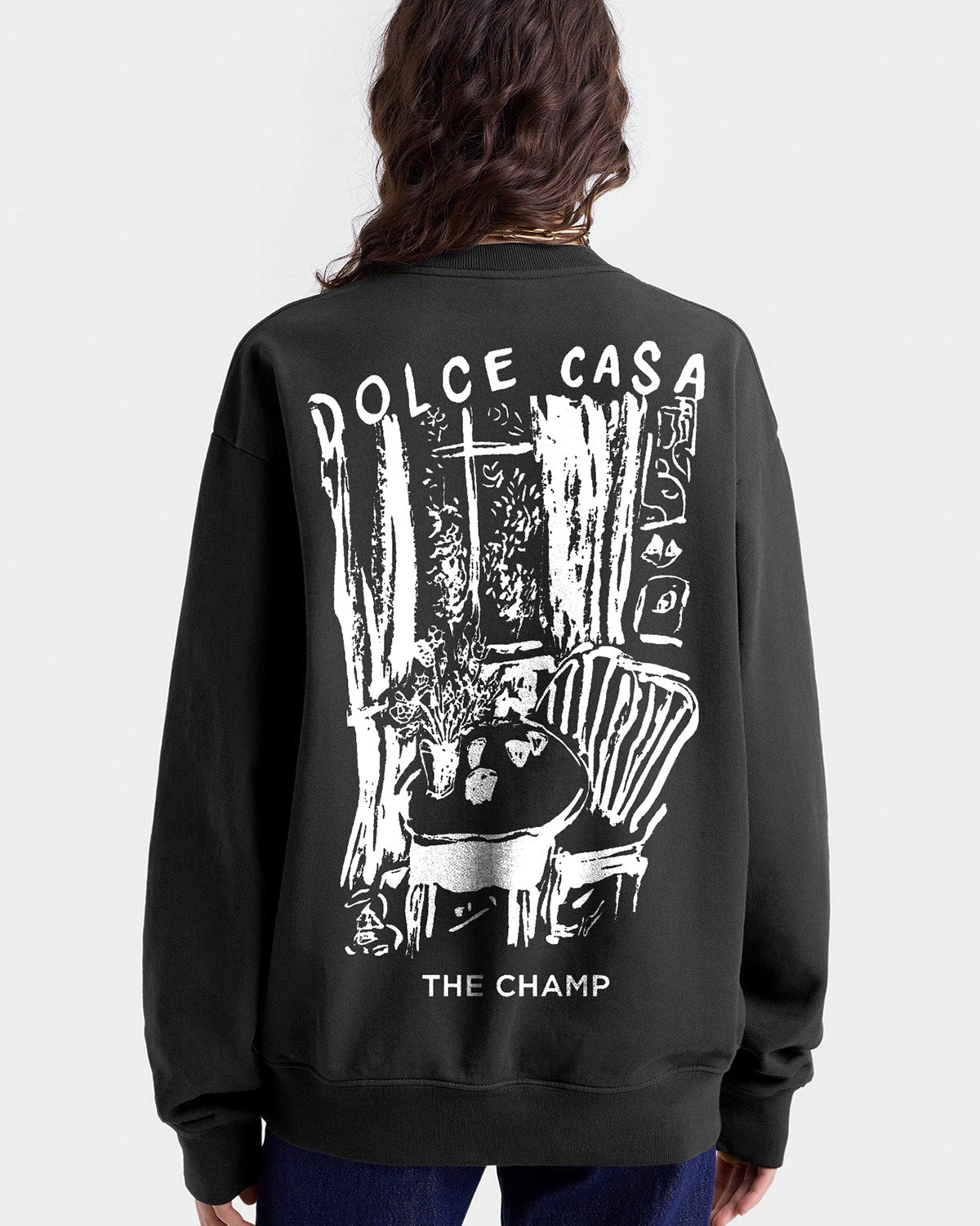 Kadın Oversize Sweatshirt Dolce Casa Baskılı Füme Konsept – Bisiklet Yaka, 3 İplik Şardonlu Polar