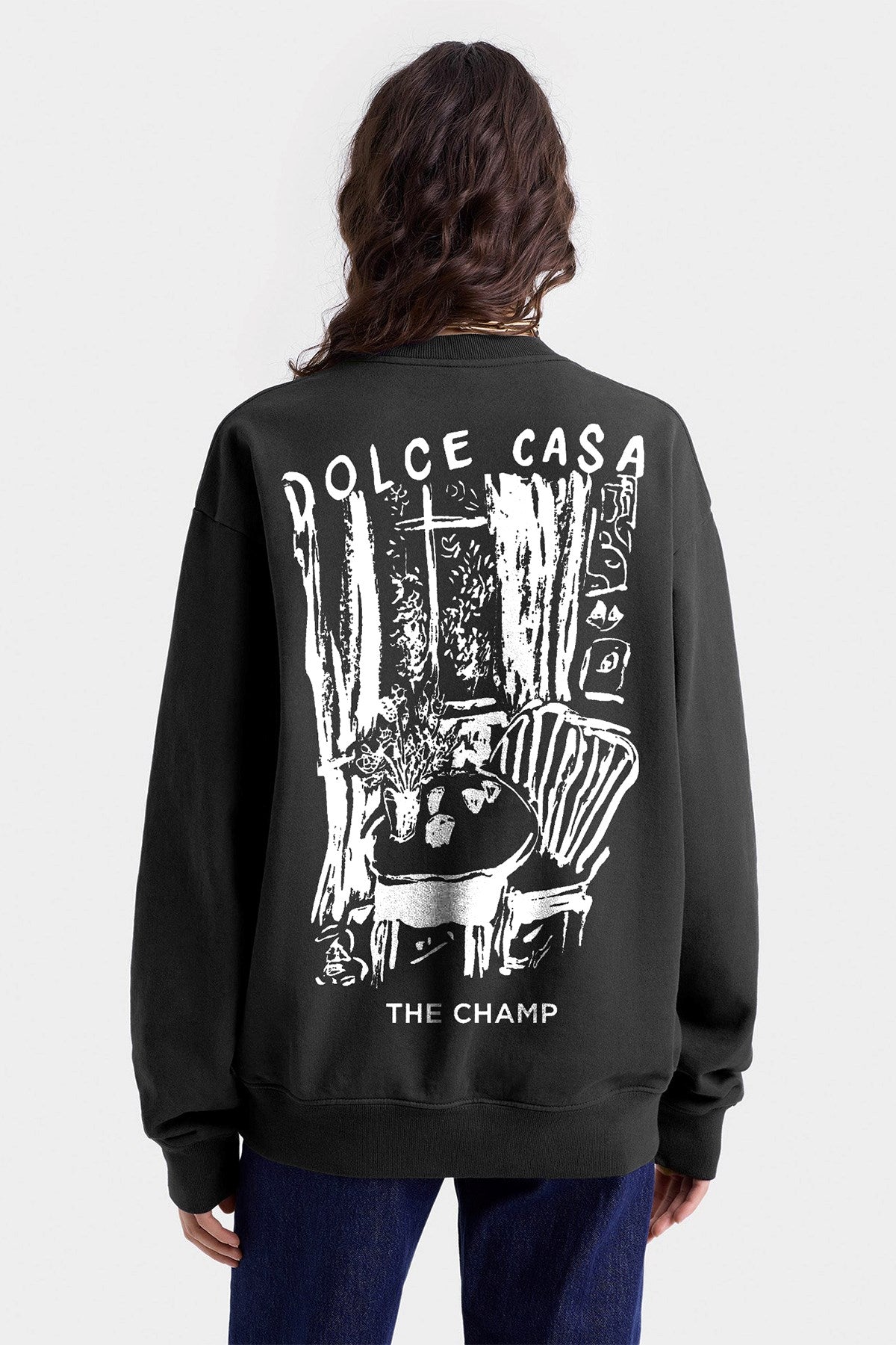 Kadın Oversize Sweatshirt Dolce Casa Baskılı Füme Konsept – Bisiklet Yaka, 3 İplik Şardonlu Polar