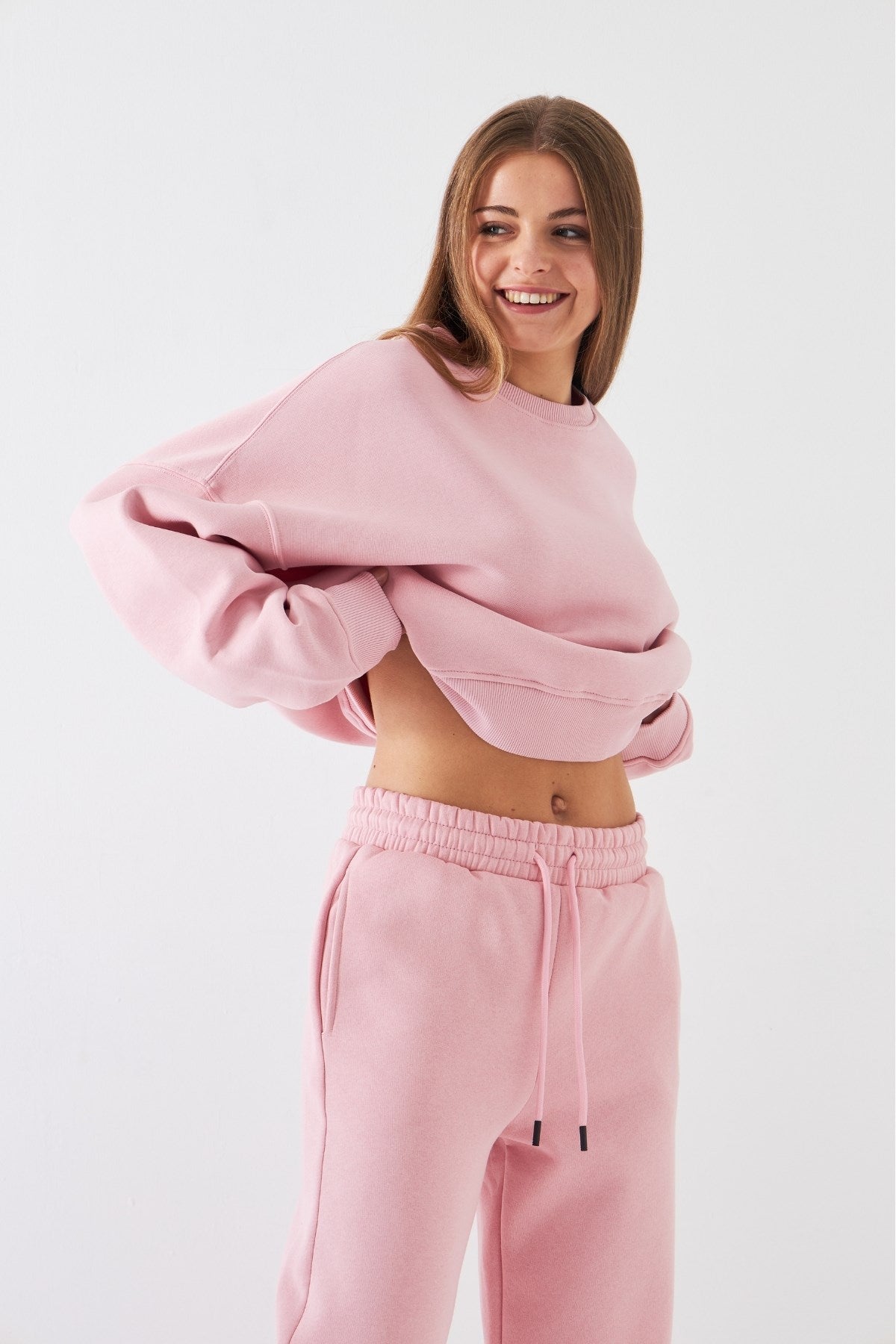 Unisex Oversize Sweatshirt Basic Pembe – Bisiklet Yaka, 3 İplik Şardonlu Polar