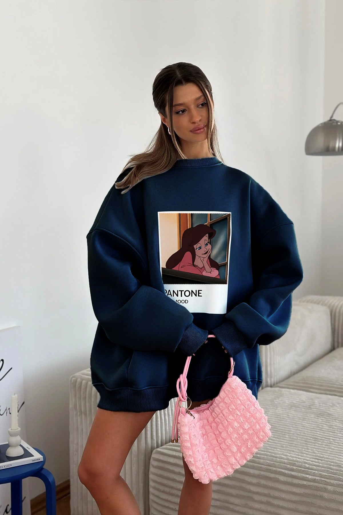 Kadın Oversize Sweat  – 3 İplik Şardonlu Polar, Bisiklet Yaka, Pantone – Prenses Baskılı