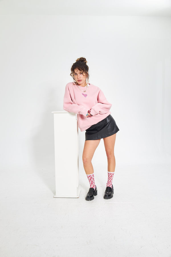 Pembe Bisiklet Yaka Kadın No Fear Ön ve Baskılı Oversize Sweatshirt