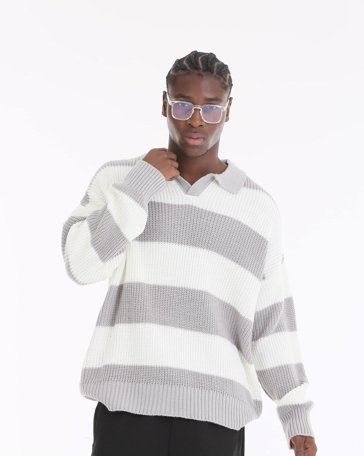 Polo Yaka Örme Triko Gri Çizgili Oversize Erkek Kazak