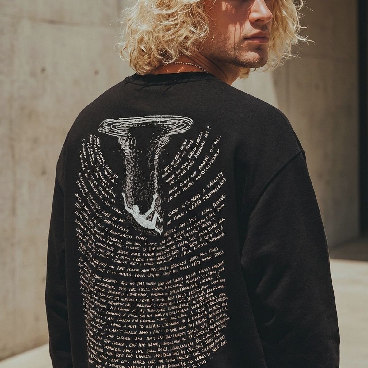 Erkek Oversize Sweatshirt Abyss Baskılı Siyah – Bisiklet Yaka, 3 İplik Şardonlu Polar