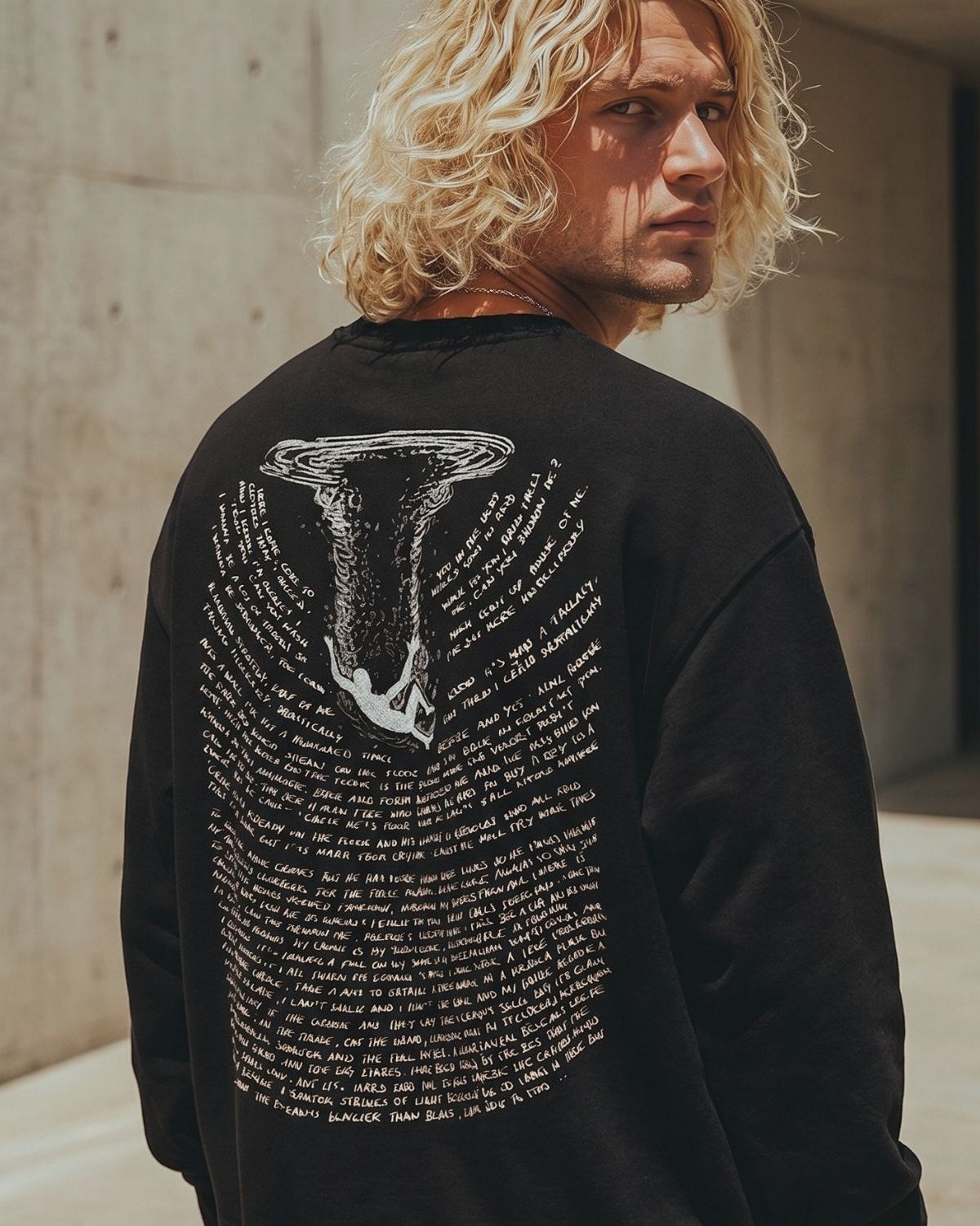 Erkek Oversize Sweatshirt Abyss Baskılı Siyah – Bisiklet Yaka, 3 İplik Şardonlu Polar