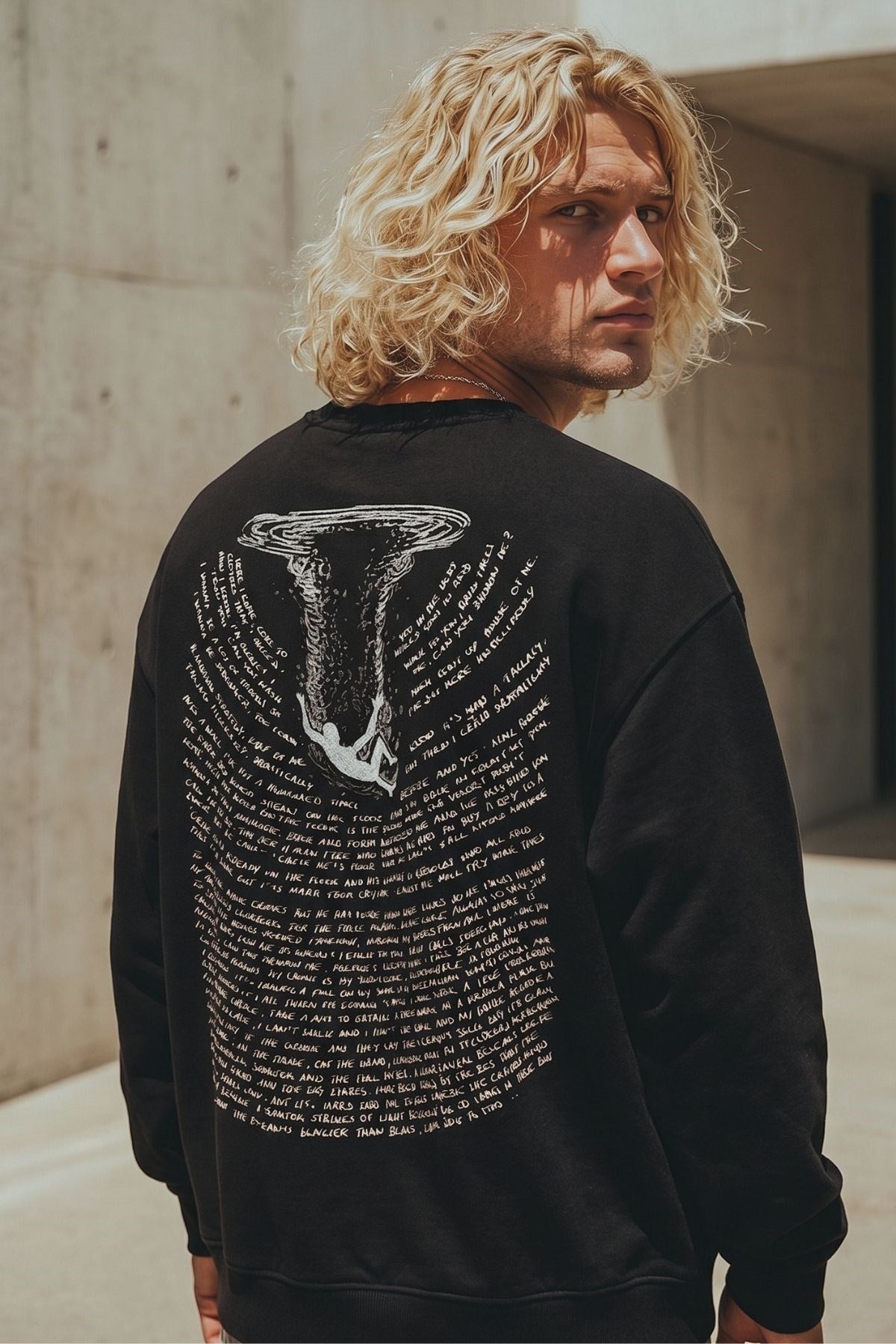 Erkek Oversize Sweatshirt Abyss Baskılı Siyah – Bisiklet Yaka, 3 İplik Şardonlu Polar