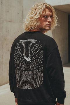 Erkek Oversize Sweatshirt Abyss Baskılı Siyah – Bisiklet Yaka, 3 İplik Şardonlu Polar
