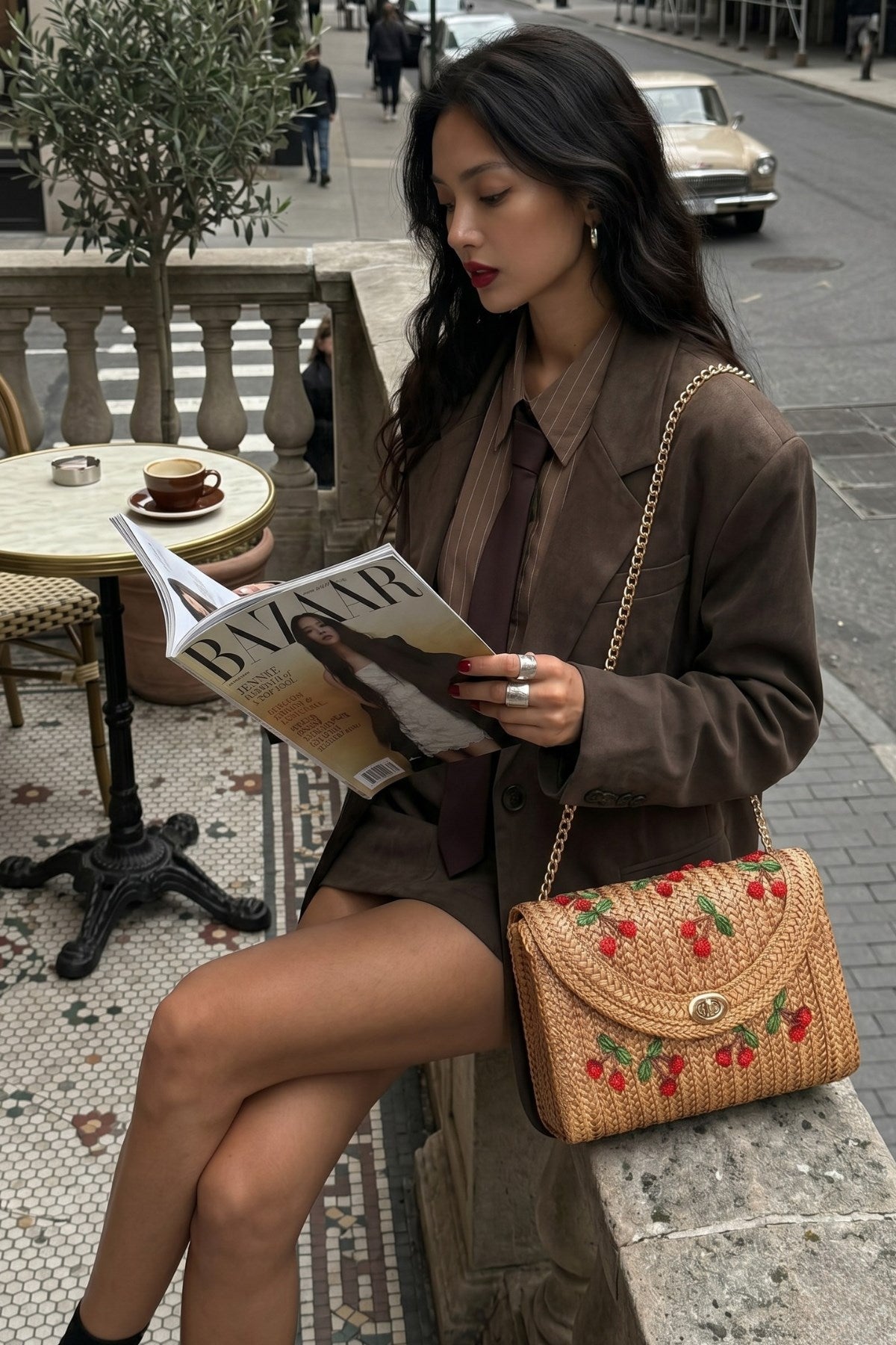 Kadın Hasır Portföy Çanta Cerise Atelier Kiraz İşlemeli Doğal El Çantası - El İşçiliği (Kombin Ürün)
