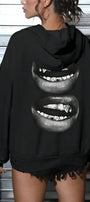 Kadın Oversize Sweatshirt Hoodie Grillz Lips Baskılı Siyah – Kapüşonlu, Kanguru Cepli, 3 İplik Polar